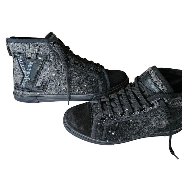 Louis Vuitton Wool Sequin Punchy High Top Sneakers Size 37.5 US 7.5 Gray Black - Picture 1 of 9